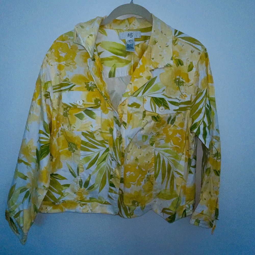iOS Tropical Floral Print Button Front Jacket Yellow Green White 703407 L
